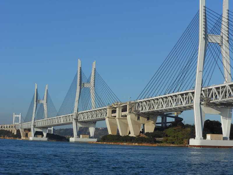 与島を背景にしたトラス橋と北備讃瀬戸大橋
